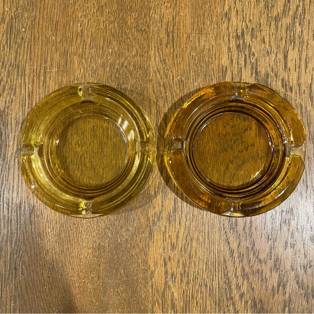 Vintage Amber Glass Ashtray Mid Century Modern Heavy Round Art Deco Set of 2